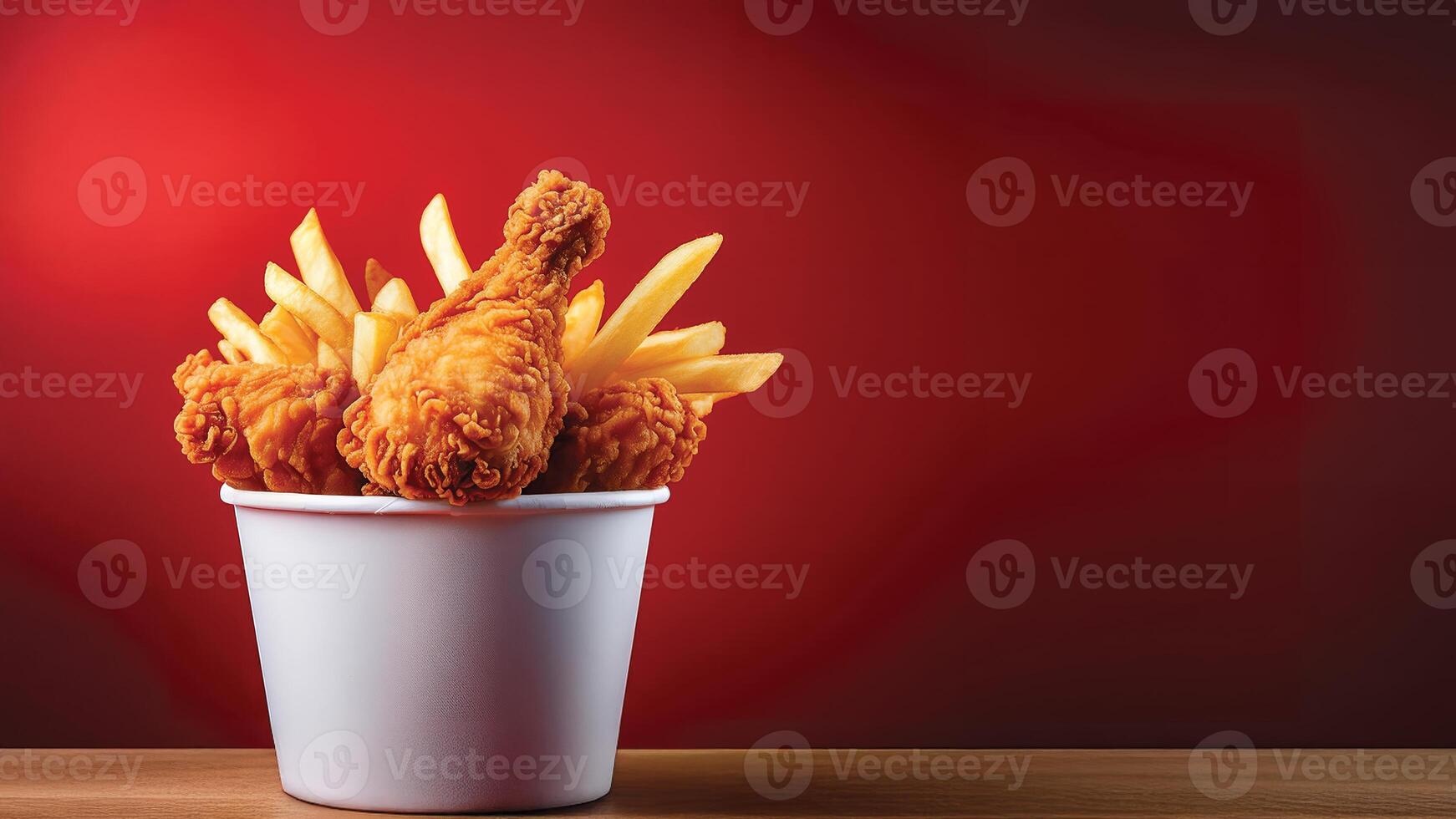 Crispy Fried Chicken and French Fries in a White Bucket Against a Deep Red Background photo