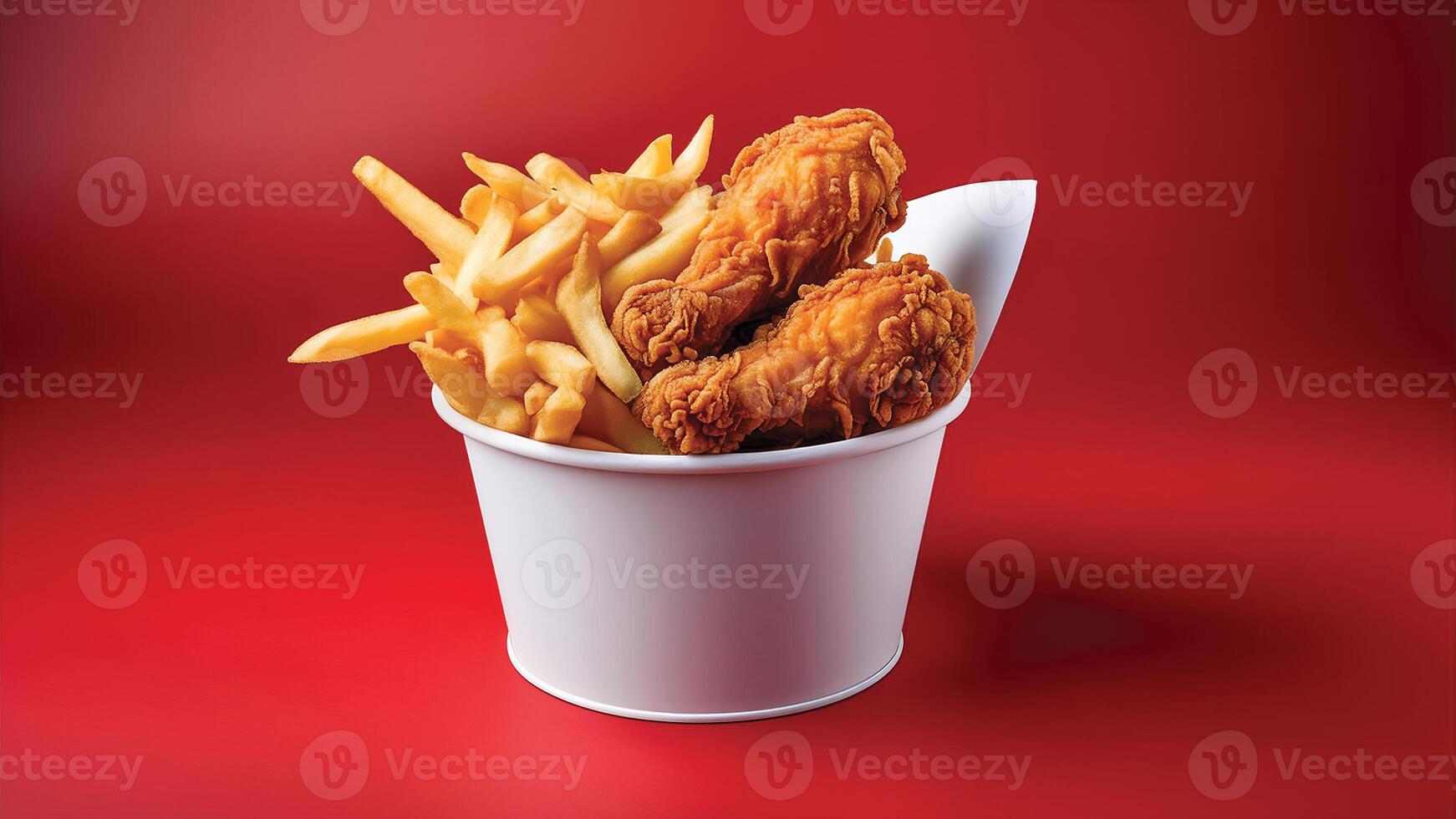 Crispy Fried Chicken and French Fries in a White Bucket. photo