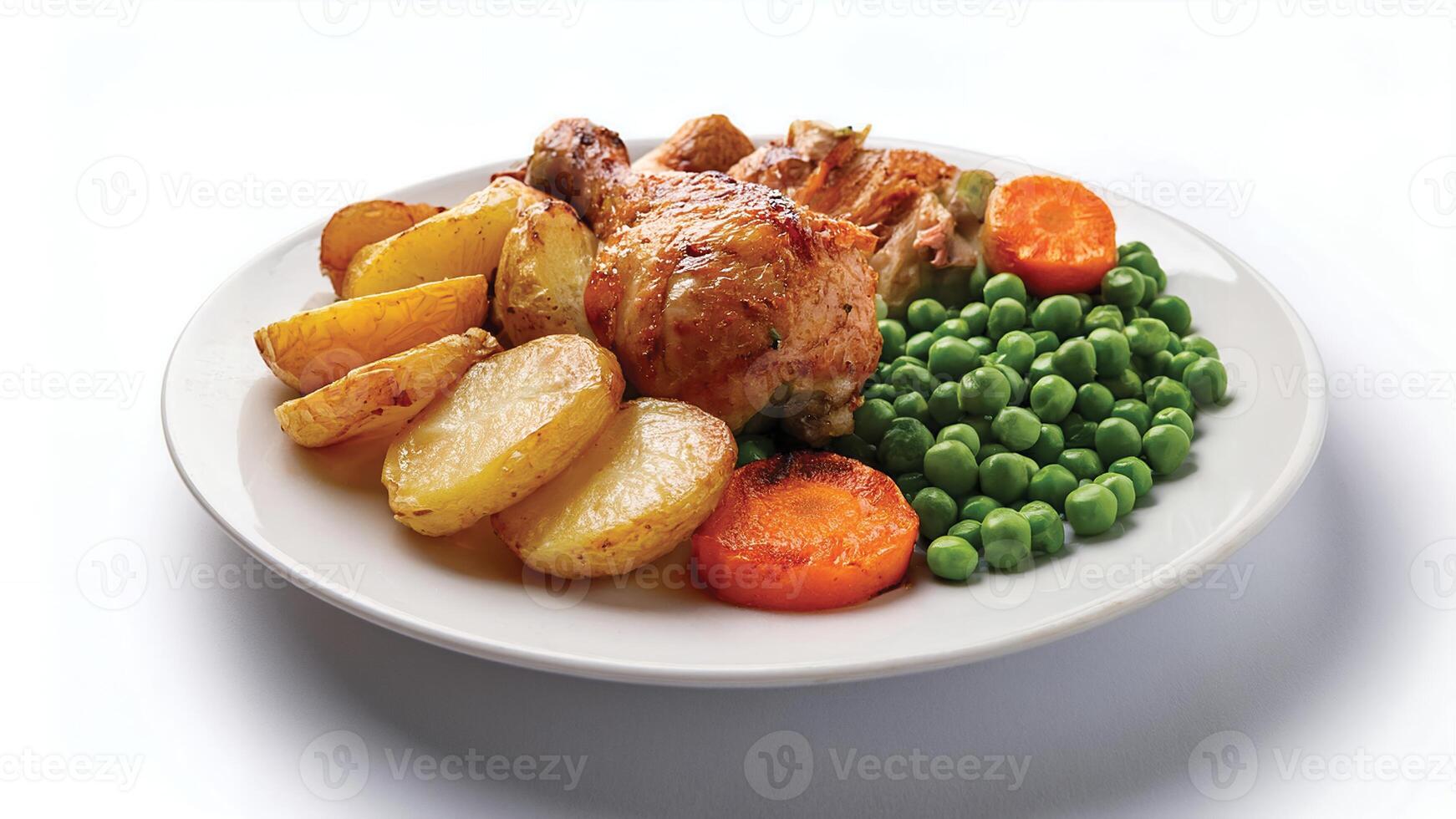 Roasted Chicken, Potatoes, Carrots, and Peas A Hearty Plate of Comfort Food photo