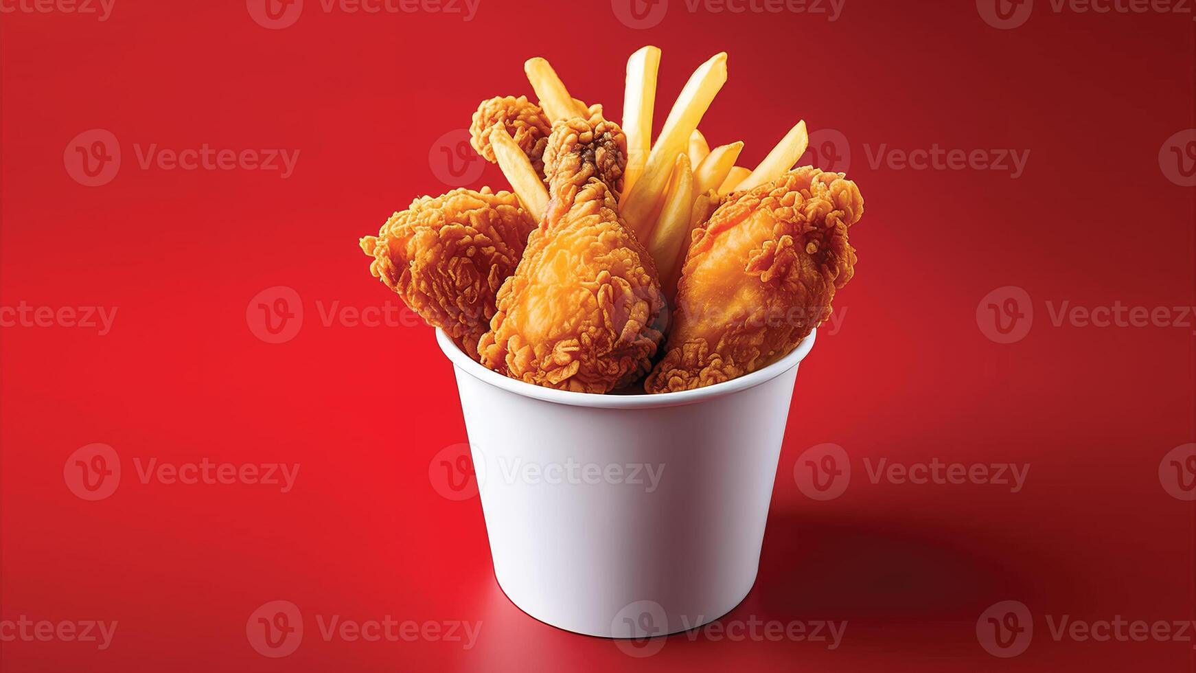 Crispy Fried Chicken and French Fries in a White Paper Cup. photo