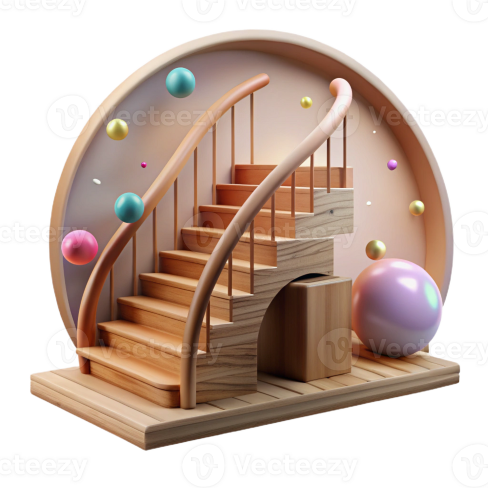 dramatic rustic Wooden Staircase with Curved Handrail Cutout authentic png
