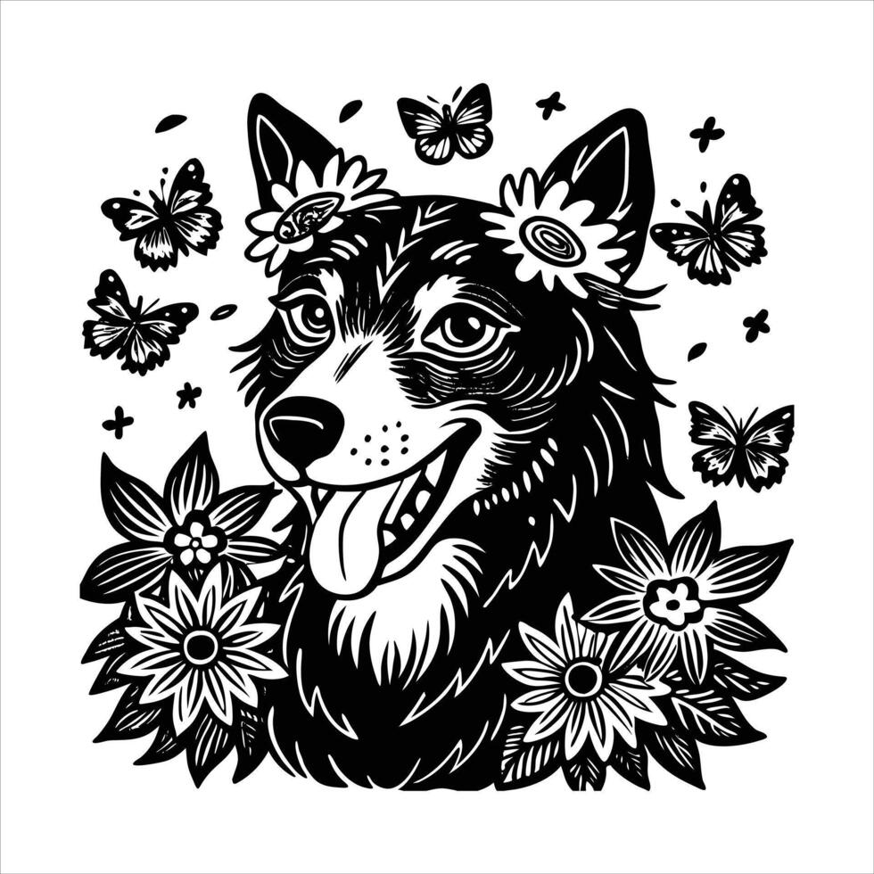 Dog Surrounded By Flowers vector