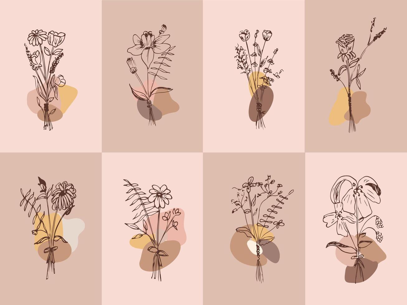 Collection of spring flowers, natural leaves, wild flowers, in linear style. Hand drawn flowers. Minimalistic design of beautiful flowers on pink and beige backgrounds. vector