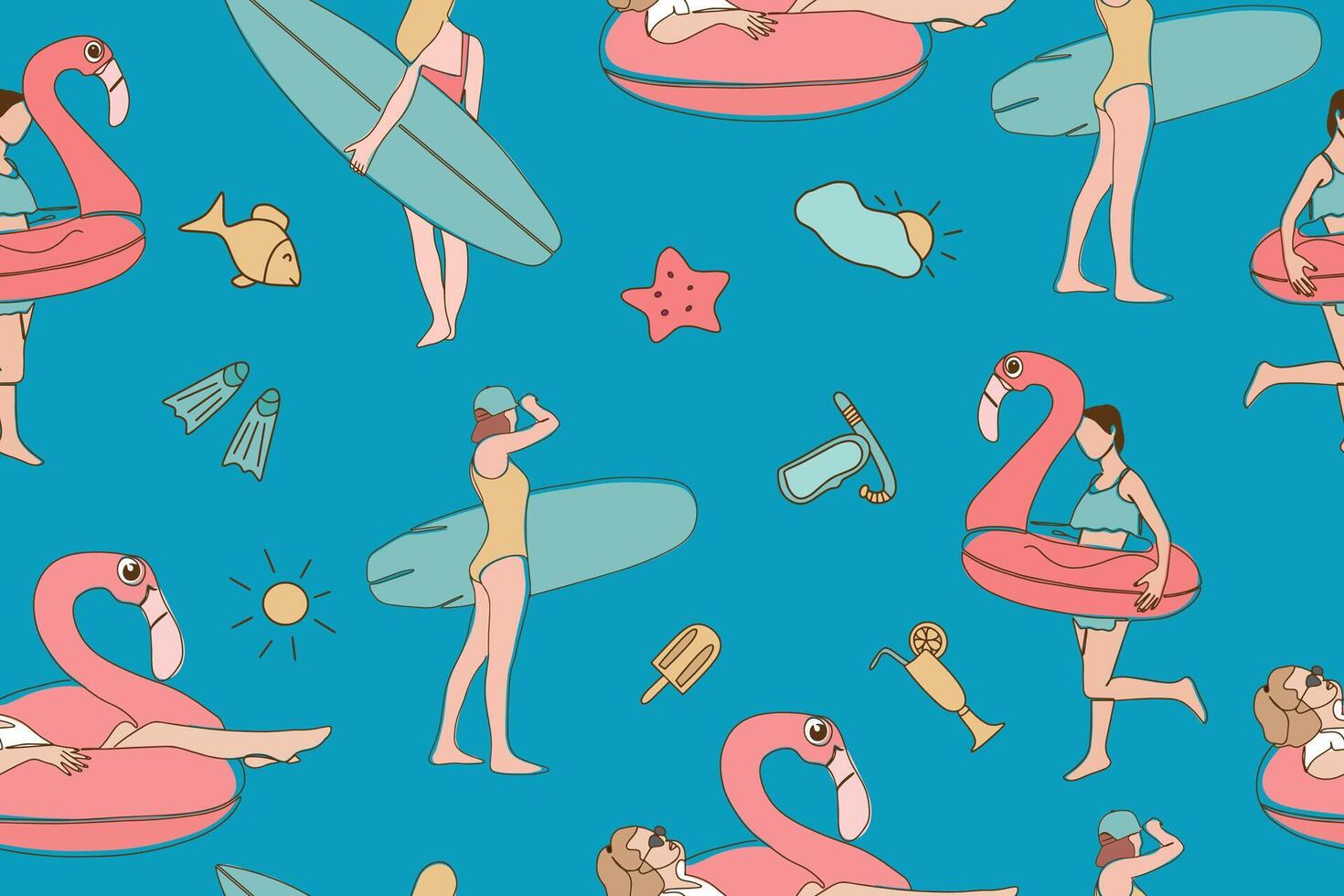 Seamless summer pattern on a blue background. Girls with surfboards and an inflatable ring in the shape of a pink flamingo. Summer party. vector