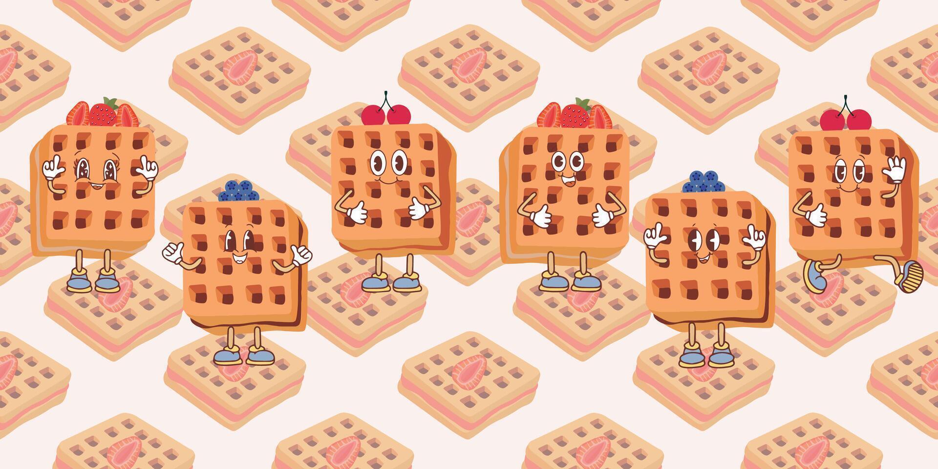Waffle icon with various tasty fruit toppings. illustration of waffles in kawaii style, breakfast pastry, sweet snack. illustration vector