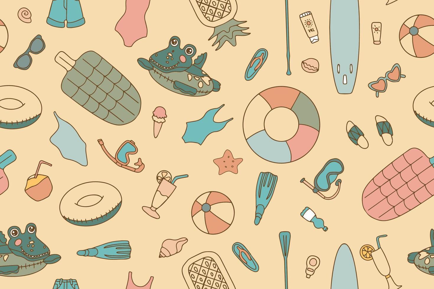 Colorful stylish Summer seamless pattern of beach items and accessories in doodle style. Hand drawn items for beach vacation and travel. illustration vector