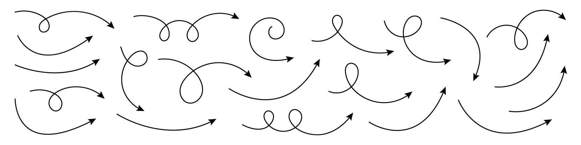 Collection of curved hand drawn arrows. Set of hand drawn curved arrows. vector