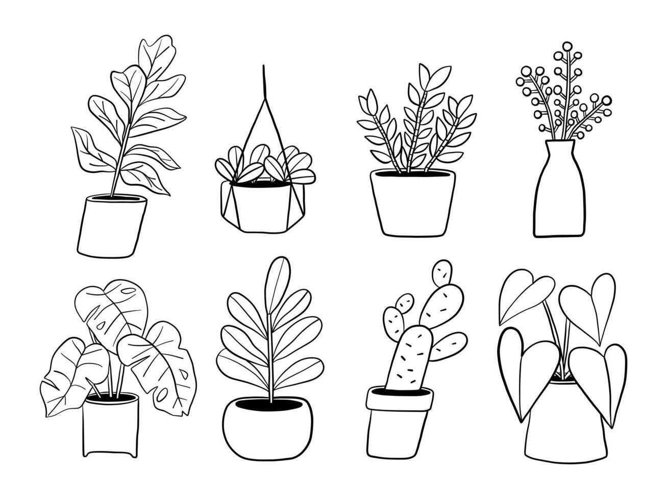 Hand Drawn Potted Plant Line Art. A collection of 8 hand drawn botanical illustrations. Minimal line art perfect for modern decor, branding, and nature-inspired designs. vector
