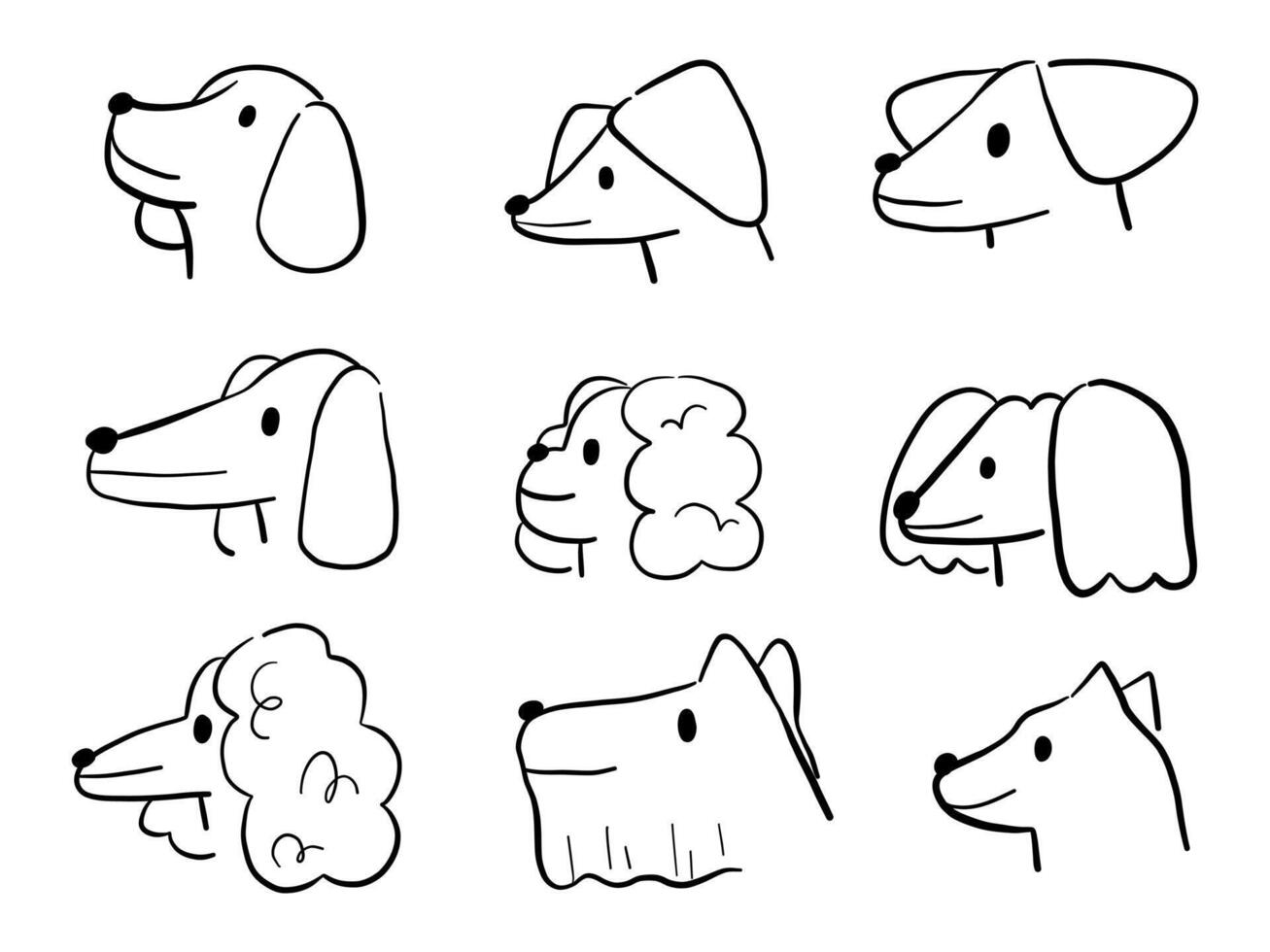 Cute Hand Drawn Dog Breed Profile. A collection of 9 hand drawn dog face illustrations in side profile. Perfect for pet-themed designs, branding, stickers, and minimalist character art vector