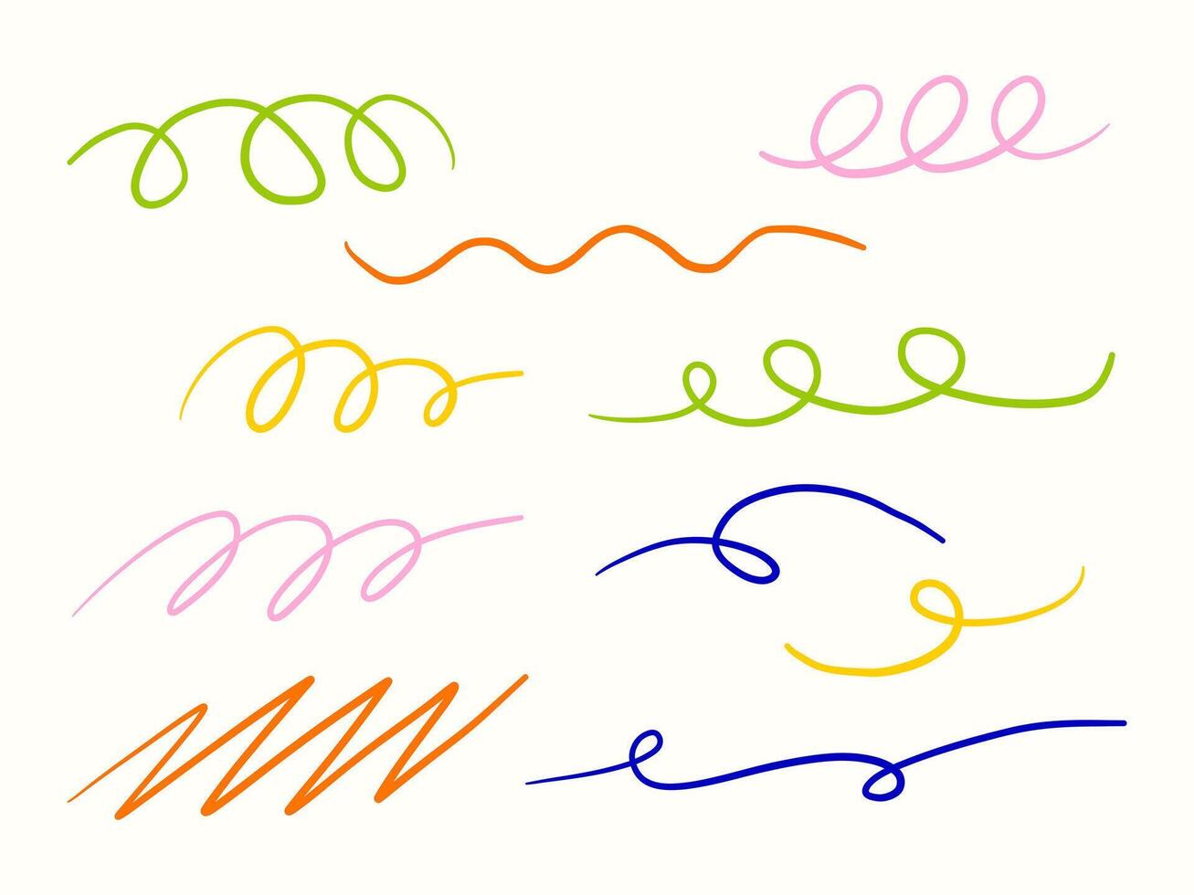 Colorful Hand Drawn Swirl Lines. A vibrant set of hand-drawn swirl and wavy lines in various colors. Perfect for decorative elements, doodle art, creative backgrounds and dynamic compositions vector