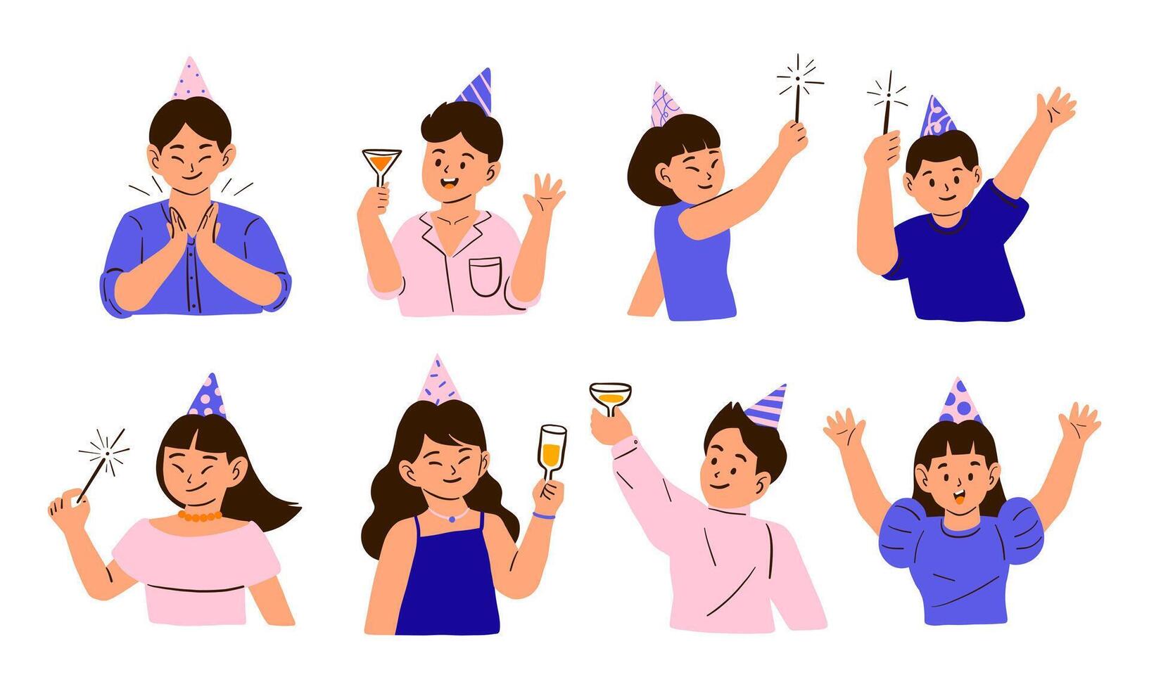Joyful New Year Party Celebration Characters. A set of happy party characters wearing festive hats, and celebrating with cheerful expressions. Perfect for greeting cards, and festive designs vector