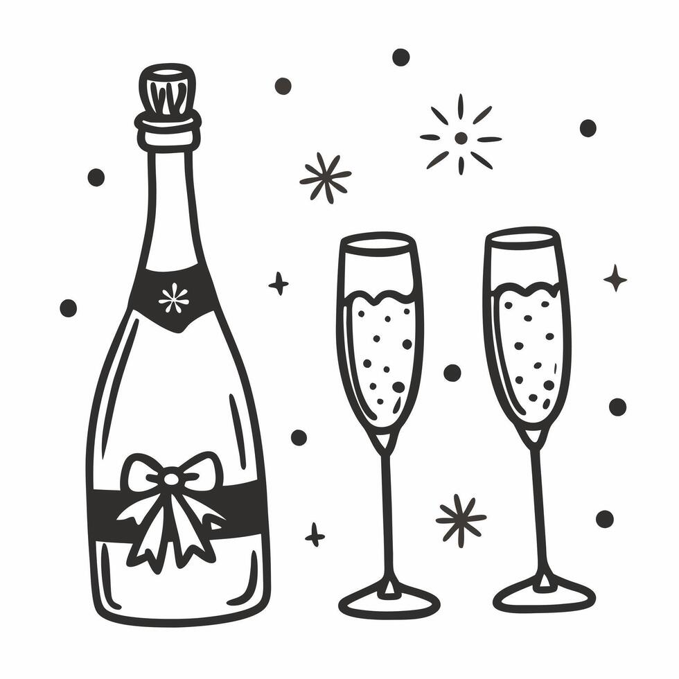 Celebratory Sparkling Wine and Glasses with Festive Elements in Doodle Style vector