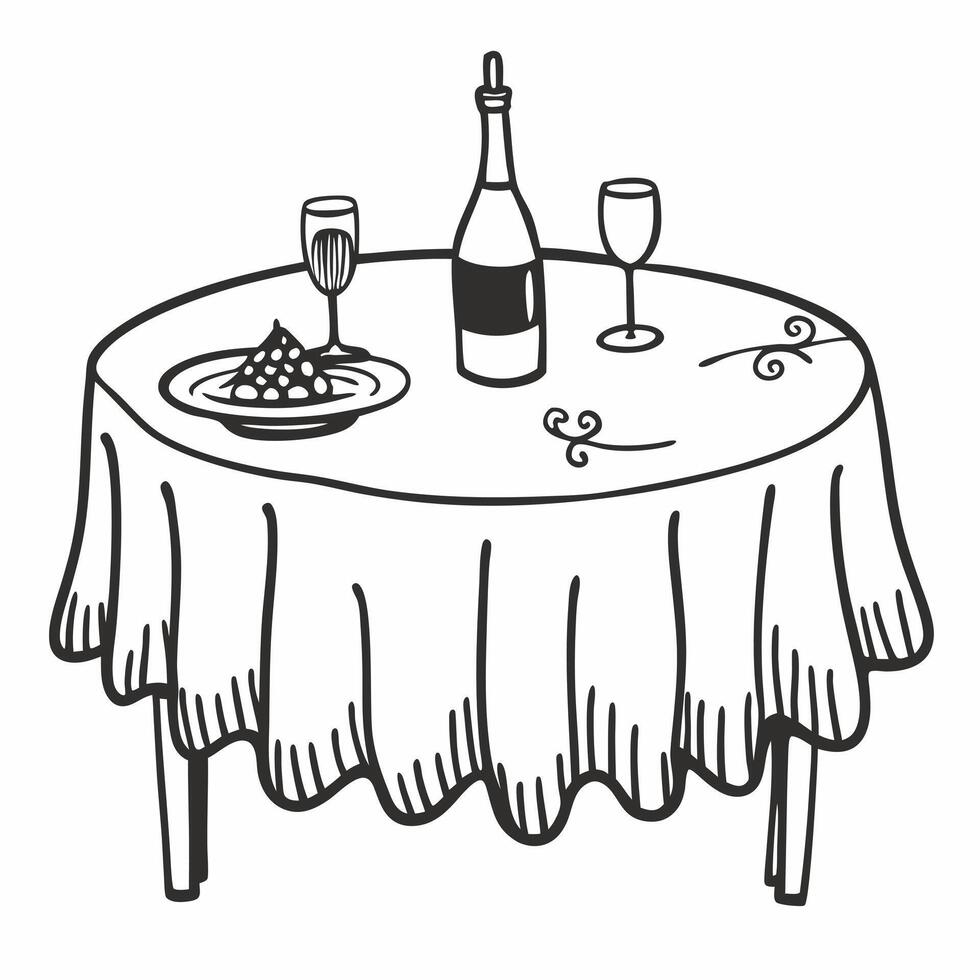 Elegant Dining Table with Wine and Cheese in Line Art Style vector