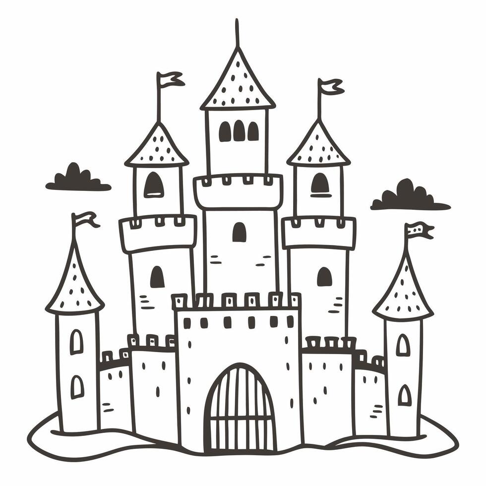 Hand Drawn Castle Illustration with Towers and Flags in Black and White vector