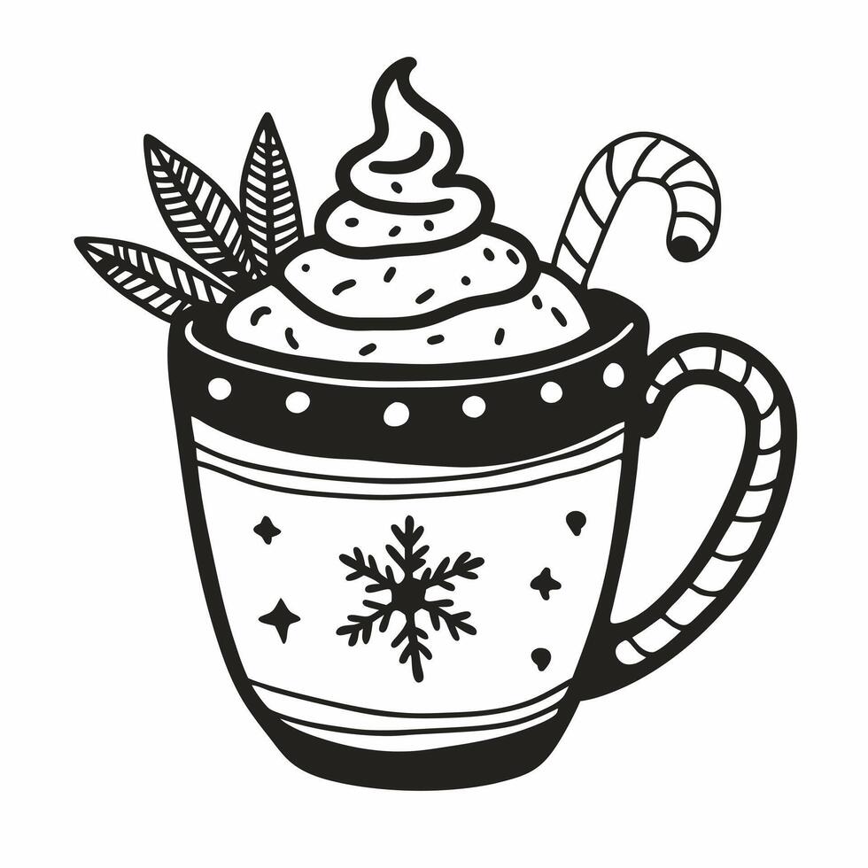 Festive Mug with Cream, Candy Cane, and Leaves in Black and White Line Art vector