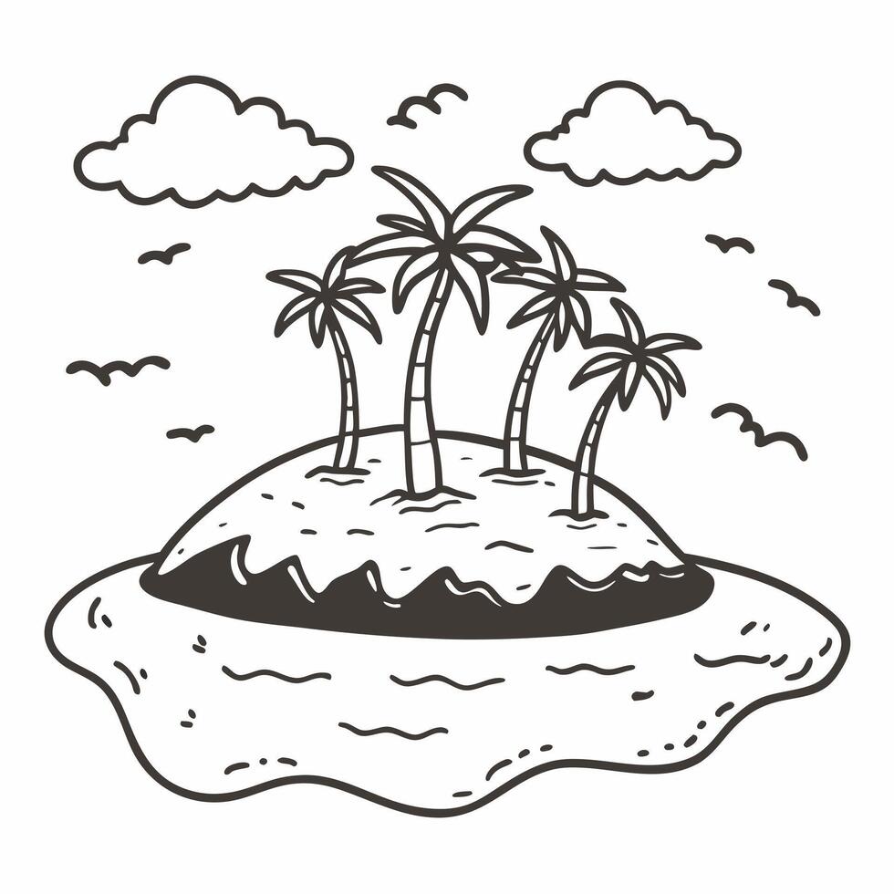Tropical Island with Palm Trees and Birds in Black and White Line Art vector