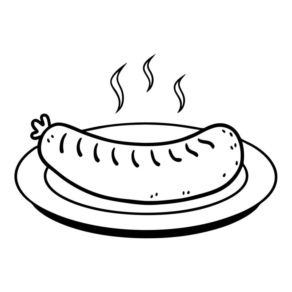 Illustration of a Steaming Sausage on a Plate in Black and White vector