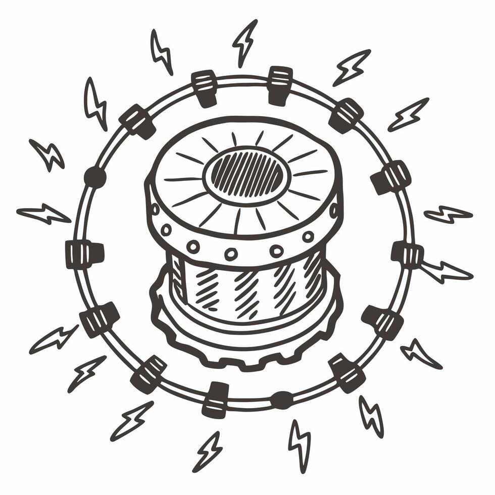 Hand Drawn Generator Icon with Electric Sparks and Mechanical Gears vector