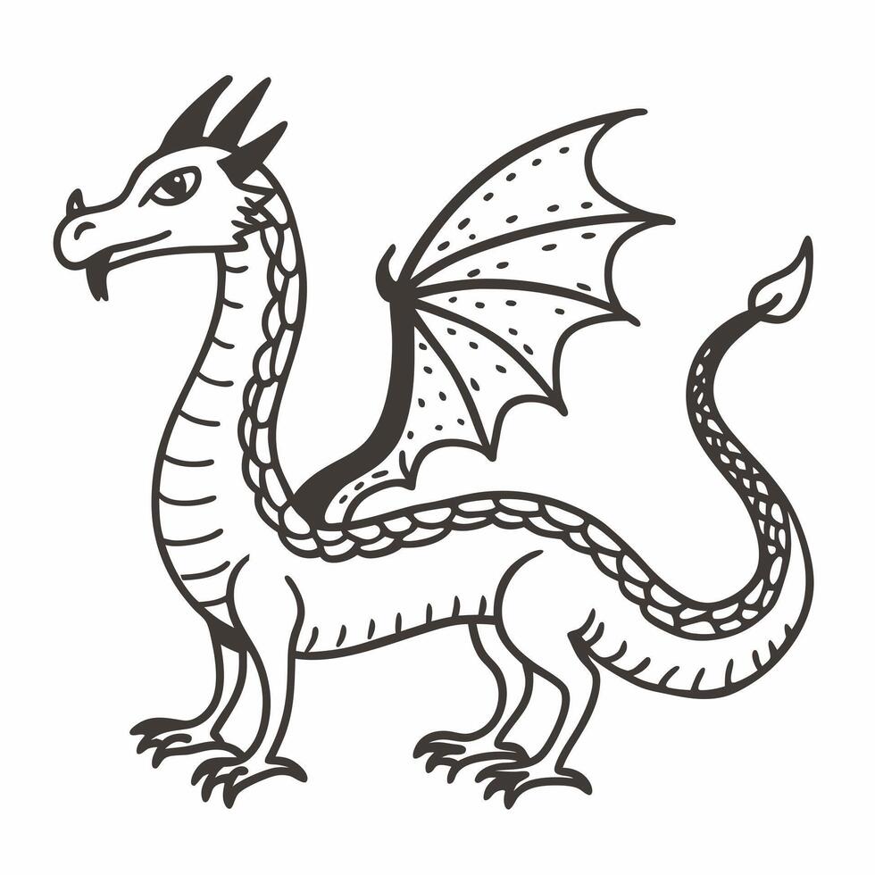 Hand Drawn Fantasy Dragon Illustration with Intricate Wing Detail vector