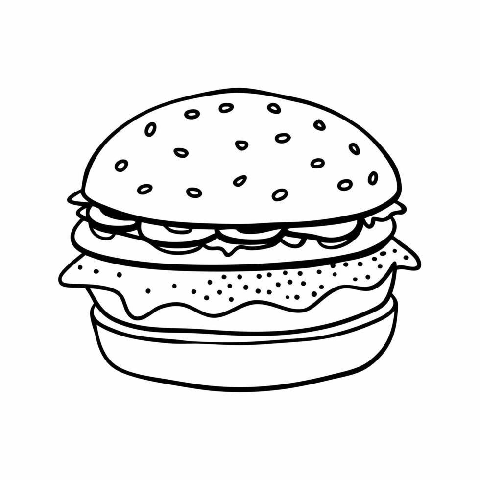 Monochrome Line Drawing of a Classic Hamburger with Lettuce and Tomato vector