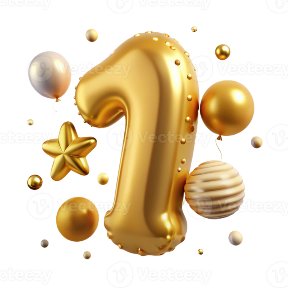 wonderful classic Gold Balloon Number One Isolated for First Birthday png
