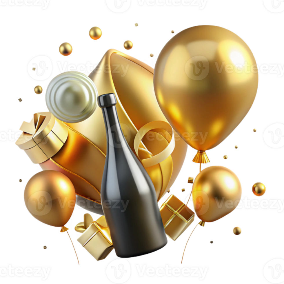 vibrant traditional Gold Balloon Champagne Bottle New Year Isolated Party high resolution png