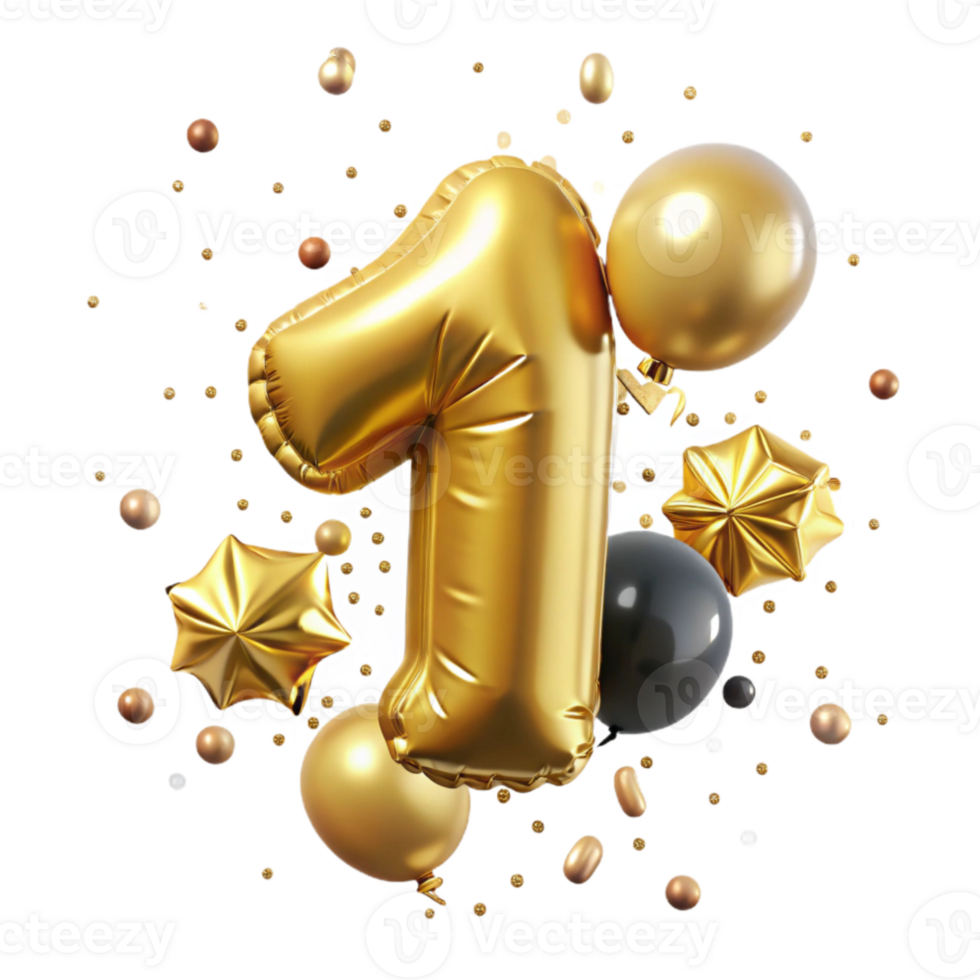 beautiful abstract Gold Balloon Number One Isolated for First Birthday authentic png