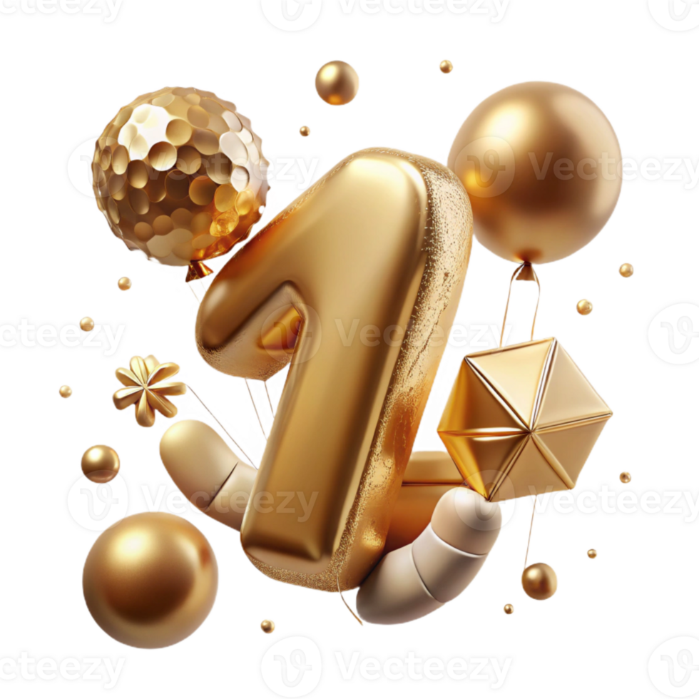 vibrant classic Gold Balloon Number One Isolated for First Birthday original png