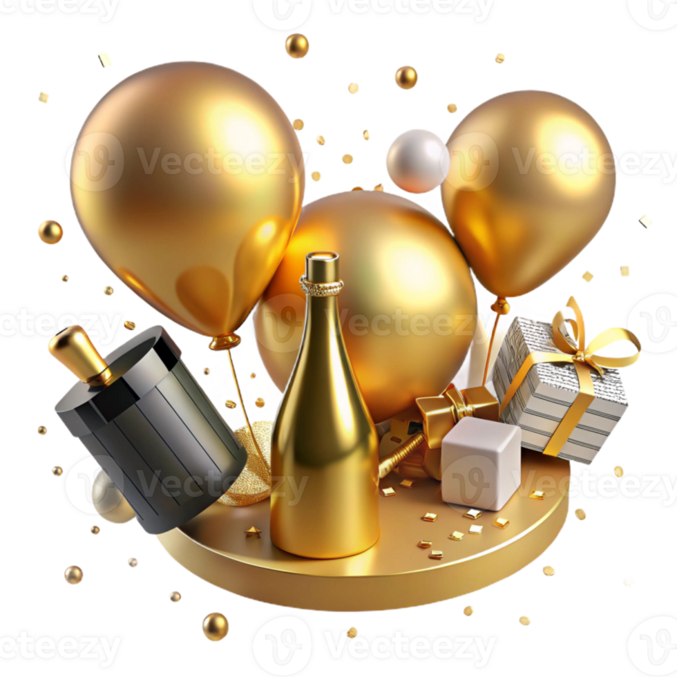 serene vintage Gold Balloon Champagne Bottle New Year Isolated Party high resolution png