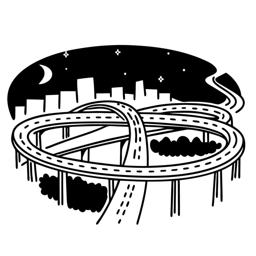 abstract urban highway surreal city nightscape with looping roads, city skyline, trees, stars vector