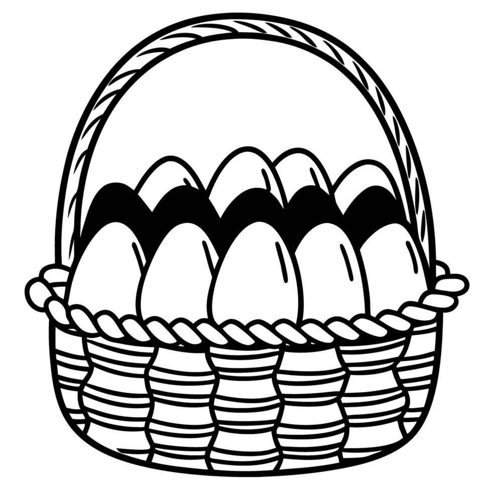 Basket of eggs illustration, hand drawn black and white sketch vector