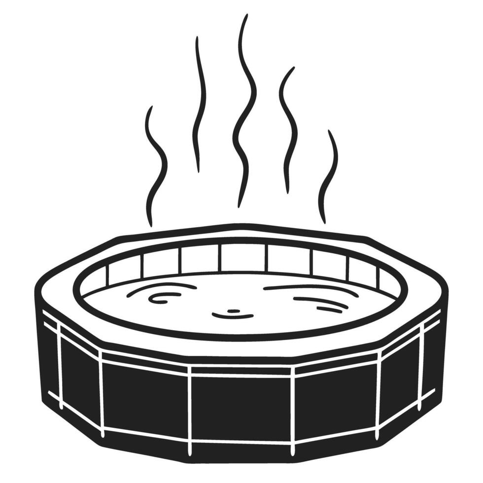 steaming hot tub in monochrome relaxation spa concept with steam rising, black and white illustration vector