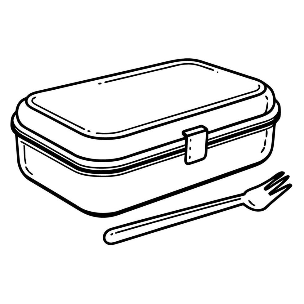 Outlined lunchbox and fork on white background, minimalist food container design vector