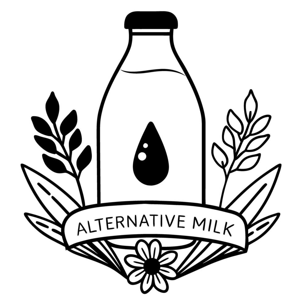 Alternative milk bottle with leaf and flower design, black and white illustration vector