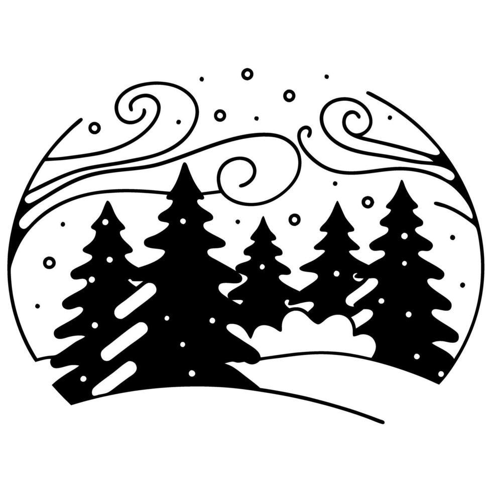 winter landscape with pine trees and swirling snowflakes, serene black and white seasonal scene vector