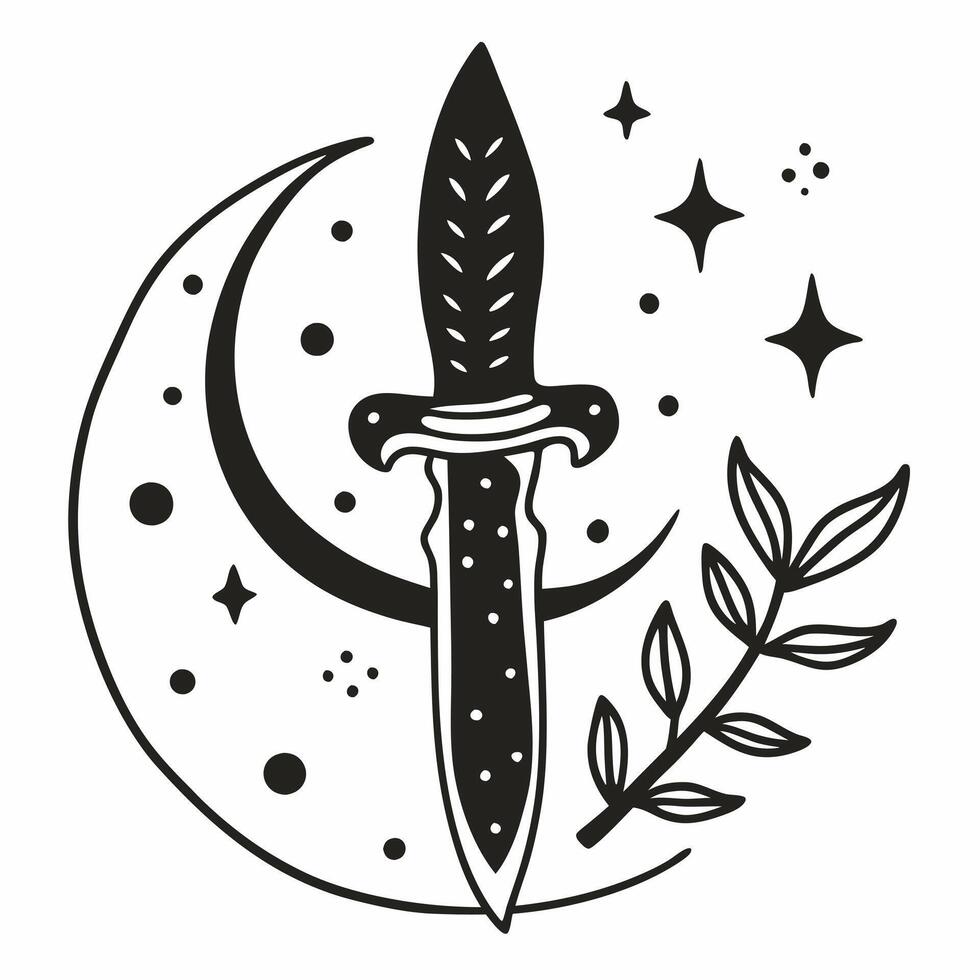 Mystical Dagger with Moon and Stars Illustration vector