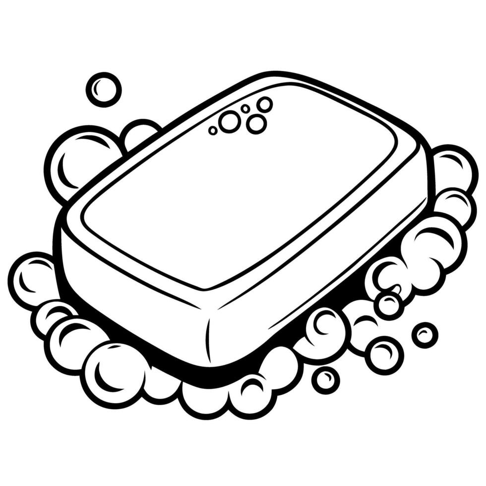 bar of soap with bubbles illustration clean hygiene, black and white line art, minimalistic detergent design vector