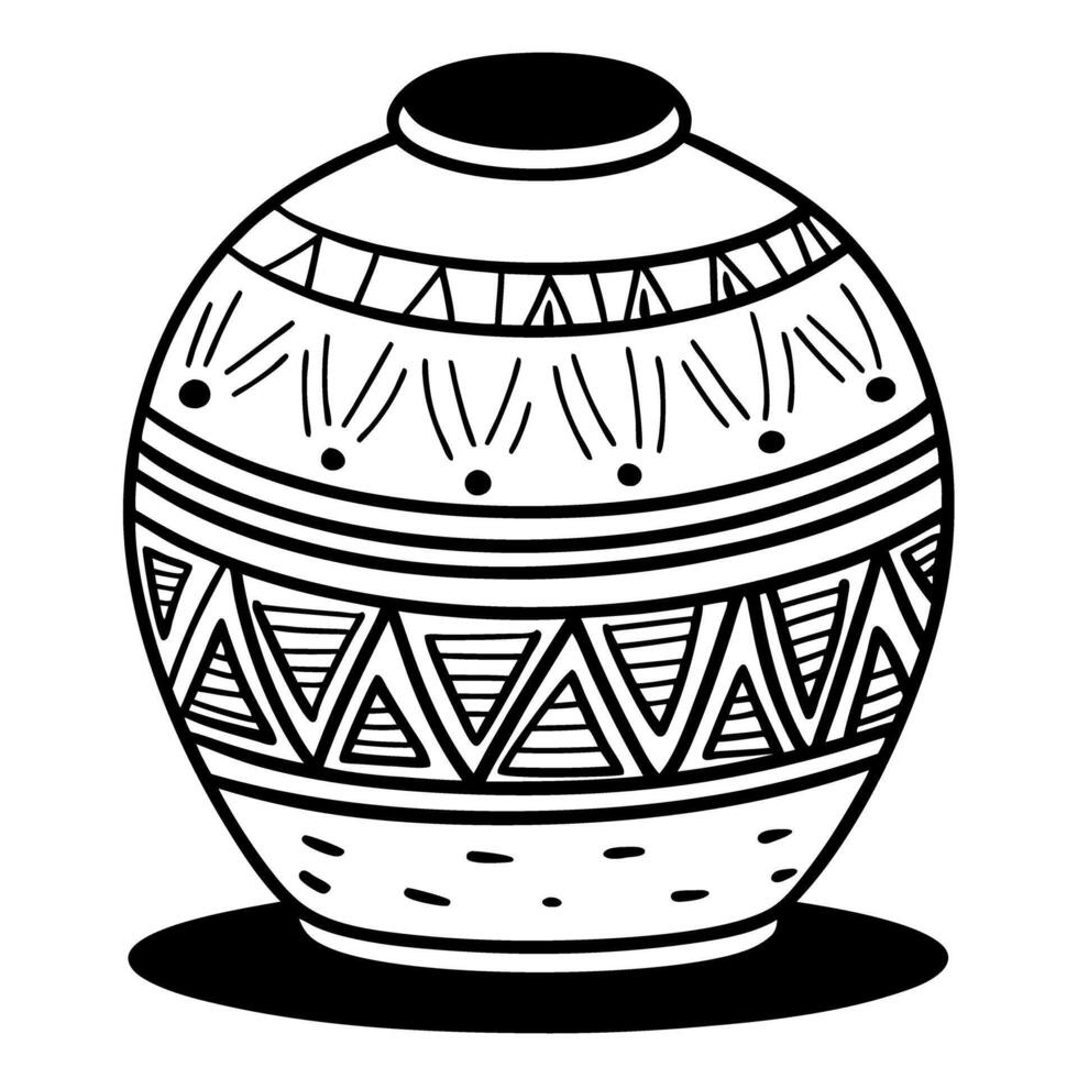 Traditional clay pot with intricate geometric patterns and bold lines, black and white illustration vector