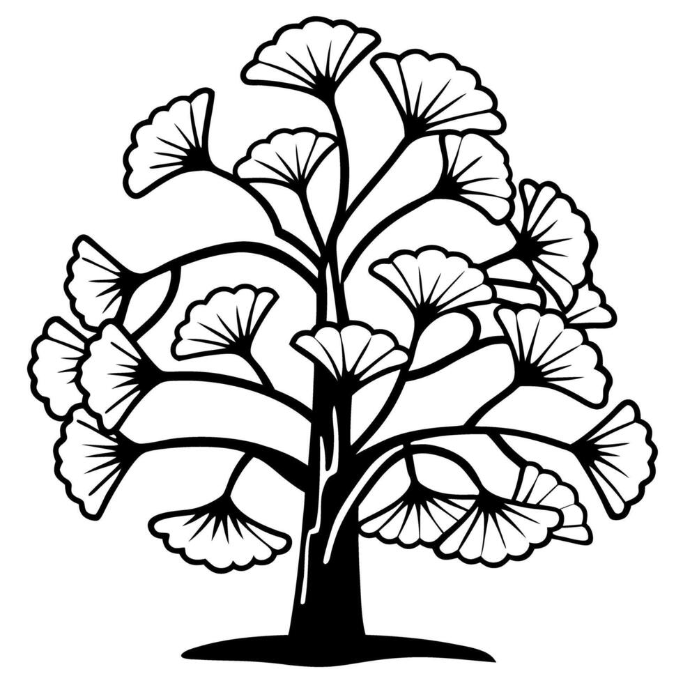 artistic tree outline with ginkgo leaves monochrome botanical illustration, abstract natural design vector