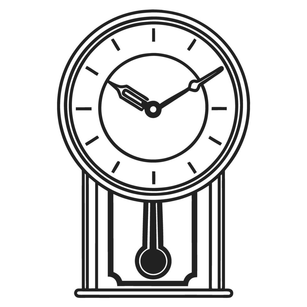 Black and white vintage pendulum clock illustration with roman numerals vector