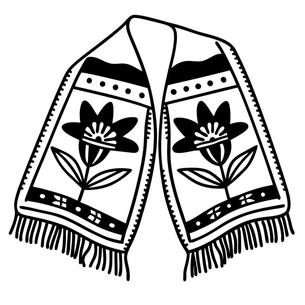 traditional floral patterned shawl design with fringes black and white decorative textile art motif vector
