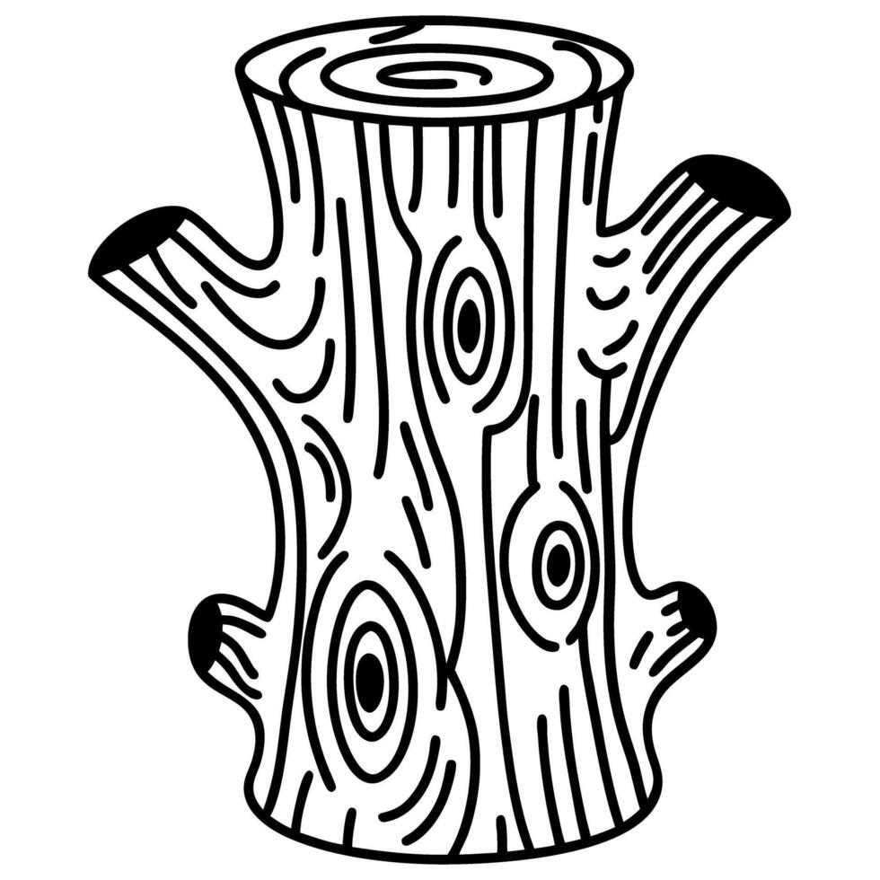 wooden tree trunk drawing with branch stumps, black and white line art illustration vector