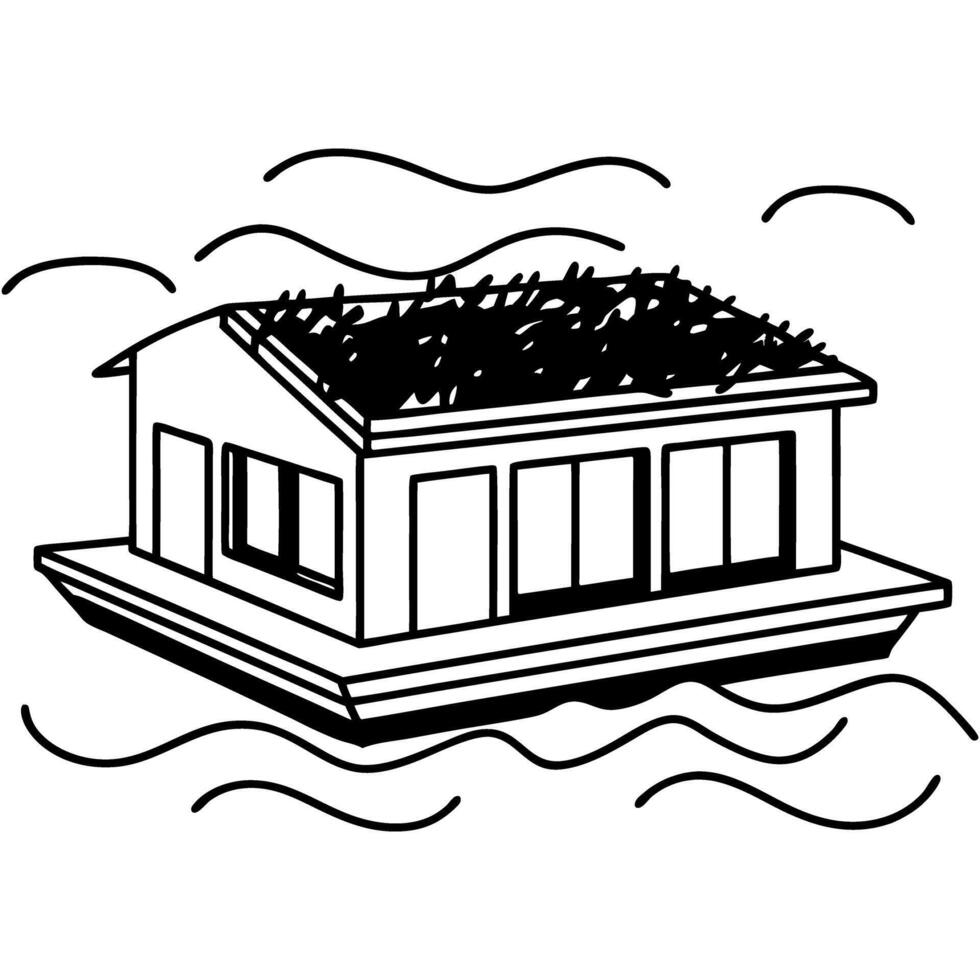 Floating eco house with green roof on water sustainable modern architecture, renewable living concept vector