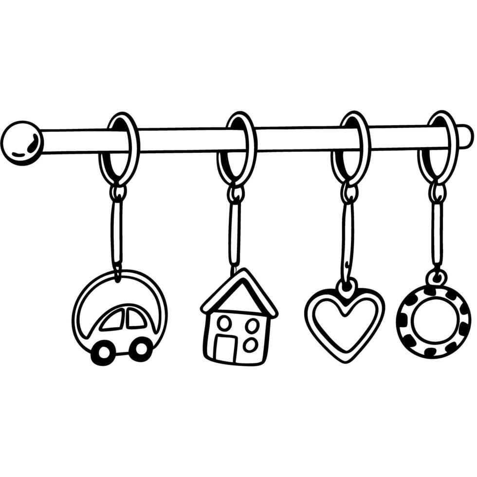 Hand drawn keychain designs car, house, heart, and life preserver icons in black and white vector