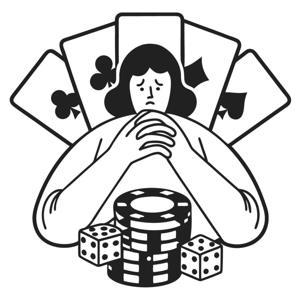 Gambling concern worried gambler surrounded by cards and chips vector