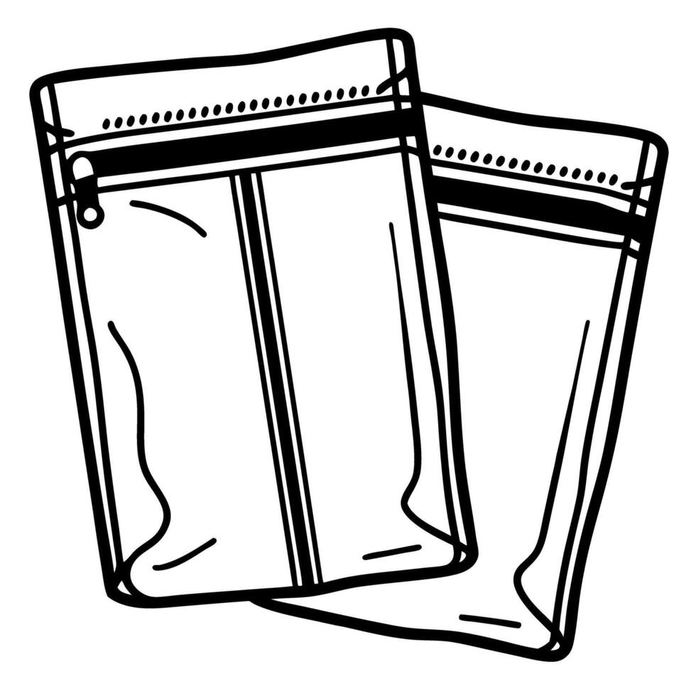 Zippered plastic bags illustration storage, organization, resealable convenience, black and white outline design vector