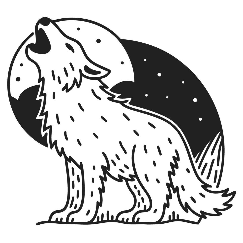 howling wolf in moonlit night black and white illustration of a lone wolf under the stars and moon vector