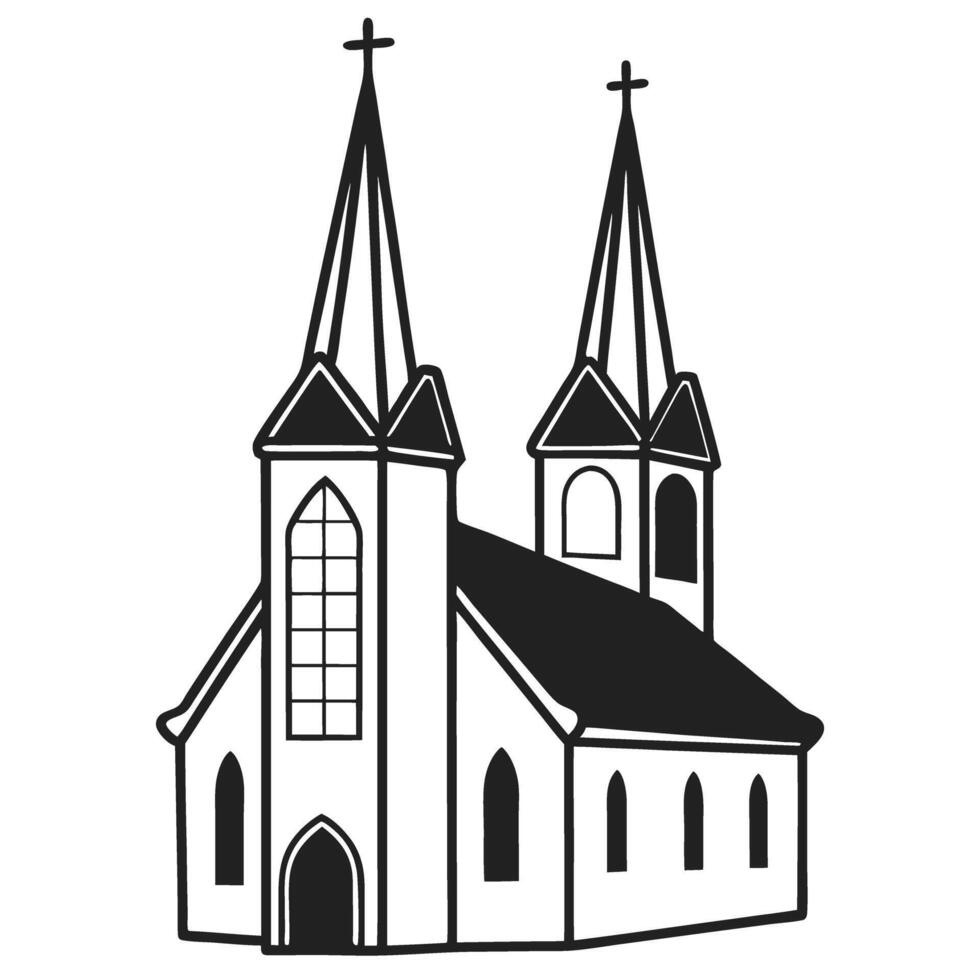 Historic gothic church illustration with dual spires and arched windows, symbol of architecture and heritage vector