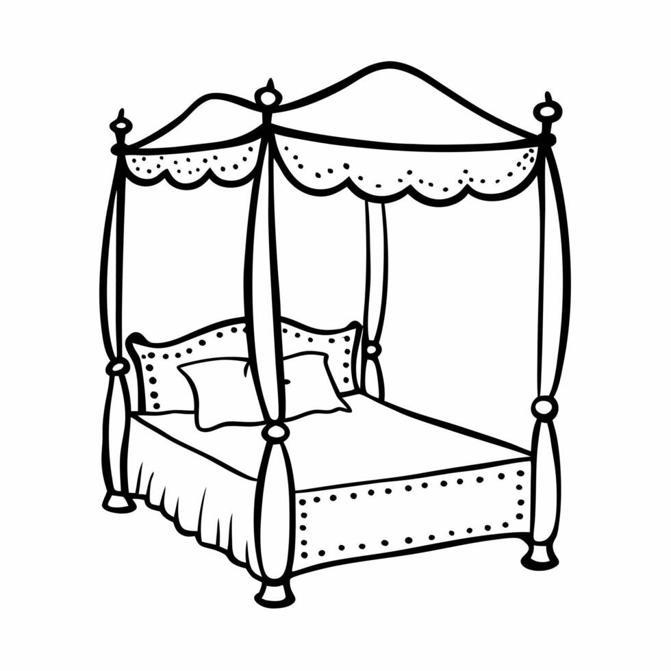 Elegant Canopy Bed with Curtains in Outline Style vector