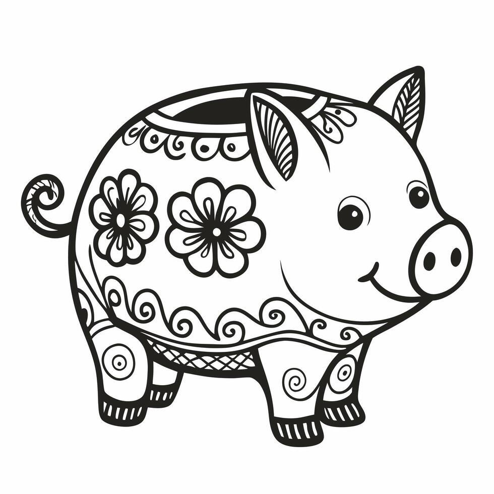 Decorative Piggy Bank Illustration with Intricate Floral Patterns vector